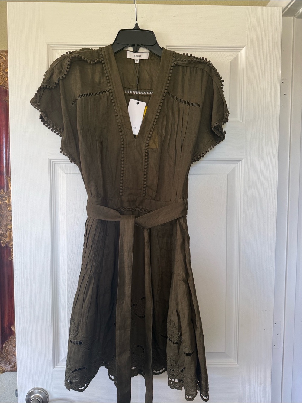 NWT Reiss Gemina Embroidered Khaki Mini Dress, size US6.